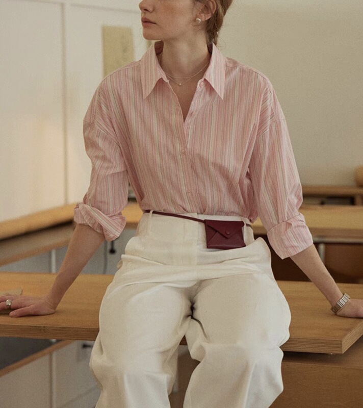 Clean Fresh Dopamine Stripe Loose Lassel Shirt Women's Spring Top Vitality Blue Peach Powder