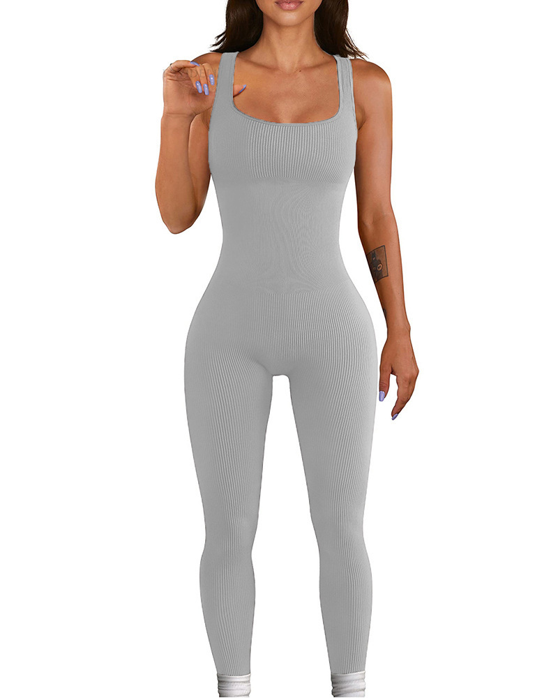 Women's Tight Jumpsuit Sexy Square Neck Solid Colour Hip Lifting_voghion.com