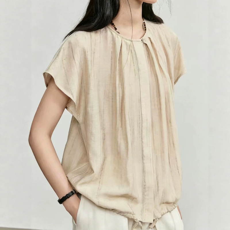 Summer Linen-Blend Loose Shirt with Drawstring Hem, Hidden Placket, Short Sleeves, Pleated Thin Top for Women