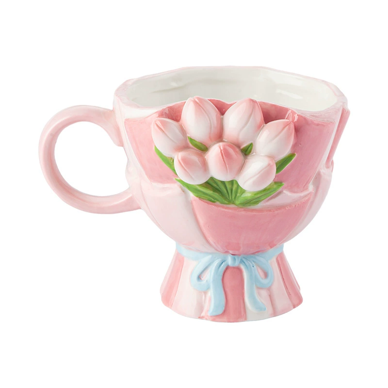 Ceramic Tulip Bouquet Mug, 301–400 ml, 3D Hand-Painted Floral Design