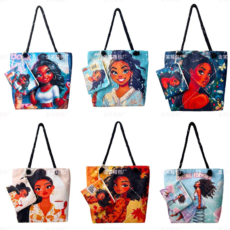 2025 New Beach Bag Travel Storage Handbag Large Capacity Shoulder Bag Canvas Bag Cool Black Girl in stock