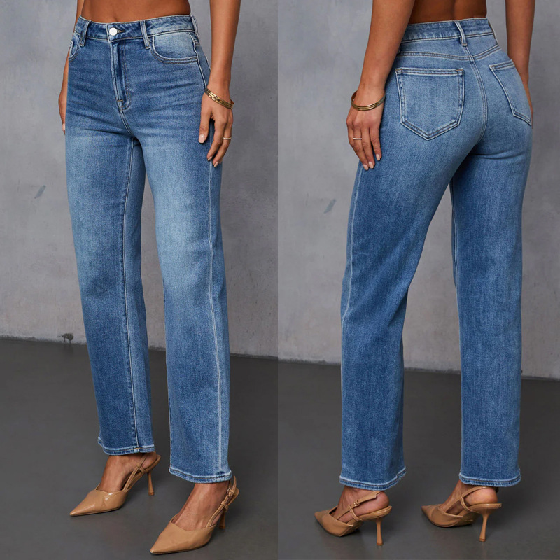 Cross-Border Jeans for Women, New Hot-Selling Foreign Trade Temperament Commuting Stretch Straight Pants Washed Fashion Waist Jeans Cross-Border Jeans for Women, New Hot-Selling Foreign Trade Temperament Commuting Stretch Straight Pants Washed Fashion Waist Jeans