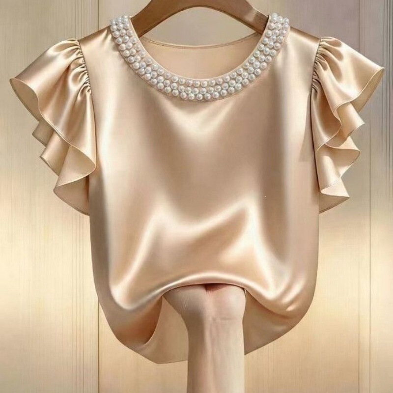 2026 New Style French Pearl Satin Shirt for Women, Summer High-End Ruffled Pearl Collar Design Top for Women 2026 New Style French Pearl Satin Shirt for Women, Summer High-End Ruffled Pearl Collar Design Top for Women