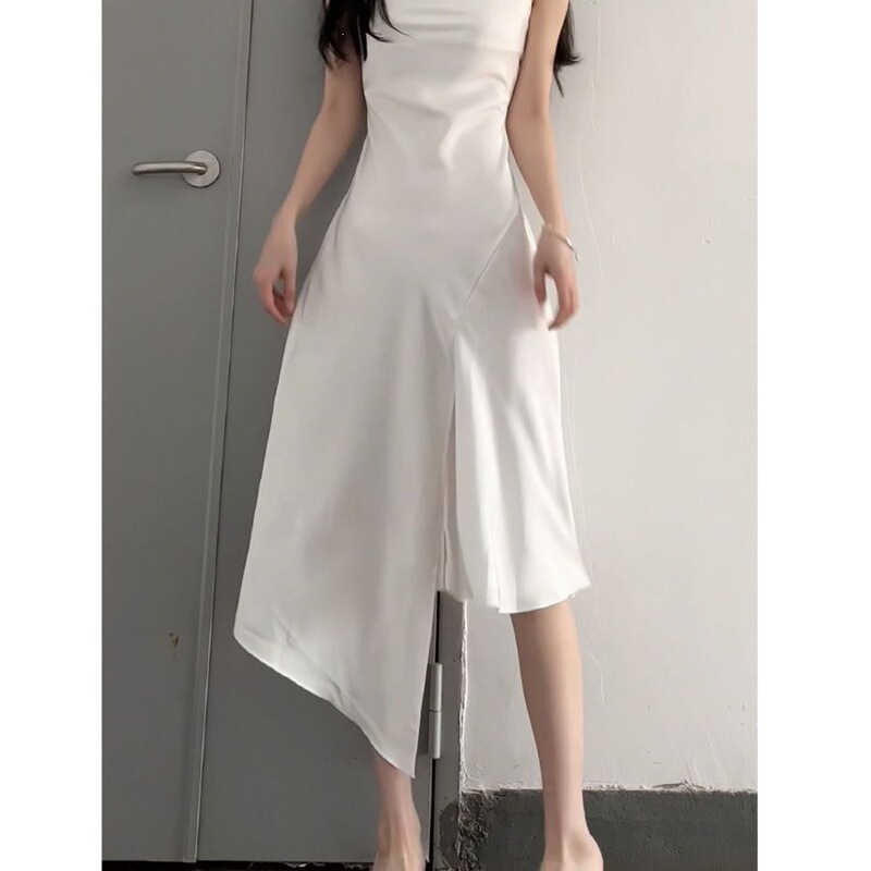 Women's Summer White Satin-Like Suspender Dress with a Stylish Slit Design and Irregular Mid-Length Skirt Women's Summer White Satin-Like Suspender Dress with a Stylish Slit Design and Irregular Mid-Length Skirt