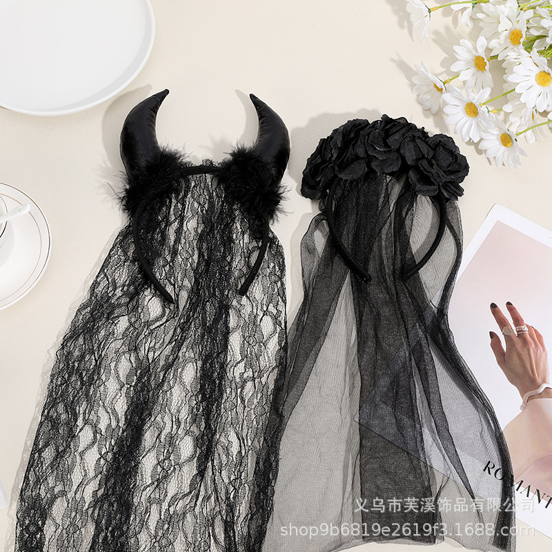クロスボーダーホットセールハロウィン悪魔ホーンメッシュパーティーヘッドバンド赤と黒のバラの花レースベールアンデッドヘッド|undefined