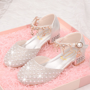 Factory Direct Sales Children's Princess Shoes Girls Spring and Summer New Little Girls High Heels Soft Bottom Crystal Shoes White Pearls
