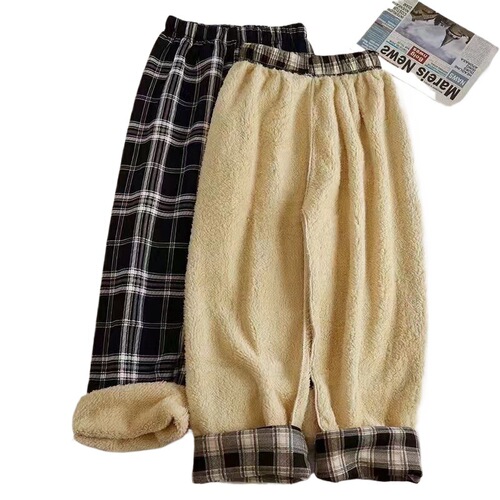 Warm Fleece Padded Home Pants Grid Casual Pants for Women Autumn/Winter Anti-Lambskin Straight Leg Slimming Outerwear Long Pants New