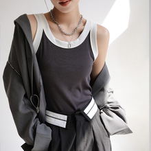 Q针织螺纹打底吊带小背心女夏季内搭撞色遮副乳黑色外穿无袖上衣