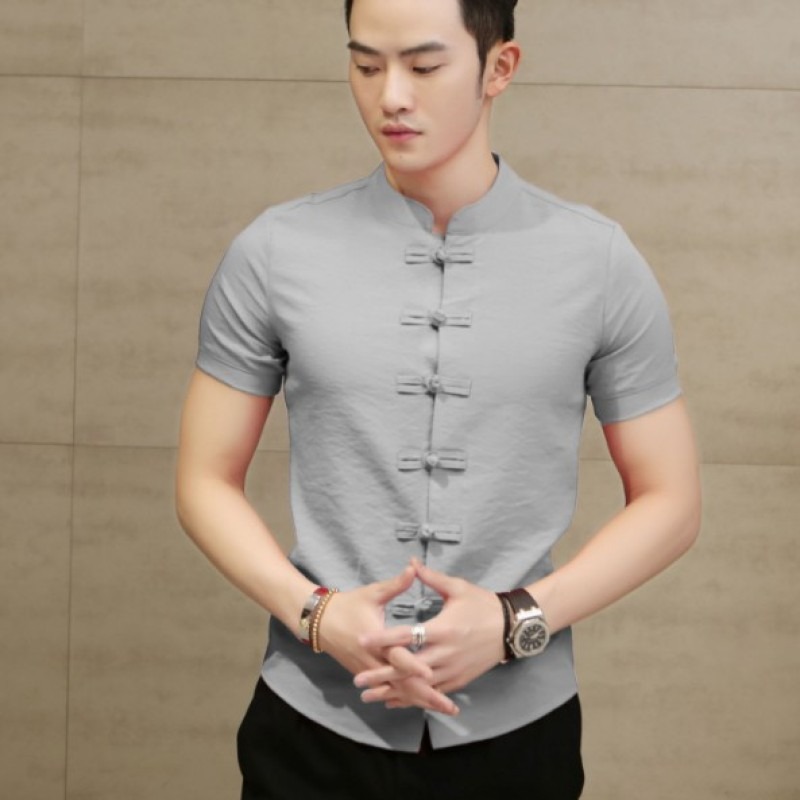 2023 Verano nuevo estilo chino camisa de color sólido hebilla de los hombres collar Delgado SLIM-Fit camisa de manga corta más el tamaño de los hombres