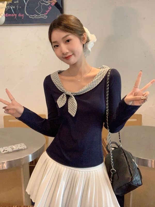 法式蝴蝶结格纹系带斜领正肩长袖T恤女春秋小众撞色修身显瘦上衣|undefined
