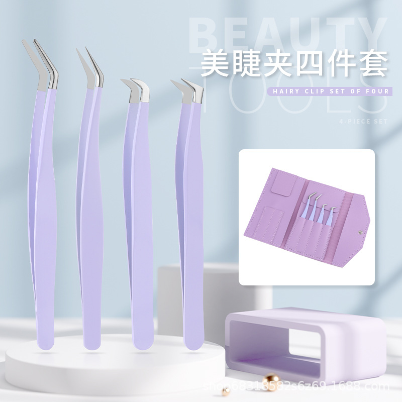Stainless Steel Eyelash Extension Tweezers, Eyelash Applicator Clips, Macaron Color Curved Tip Set, Cross-Border Factory Pointed Tip
