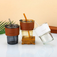 Bamboo Cup Gift Water Cup Household Glass Cup Internet Celebrity High-Looking Leather Case Insulated Straw Cup Printable Logo Wholesale
