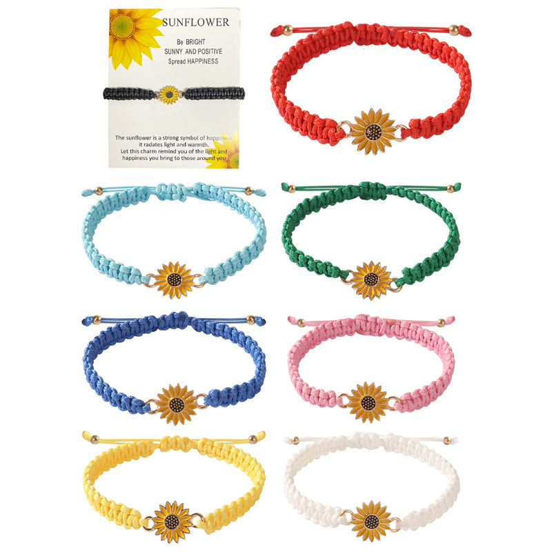 Multicolor Sunflower Woven Bracelet, Adjustable Drawstring Bracelet with Card Paper, European and American Jewelry Wholesale