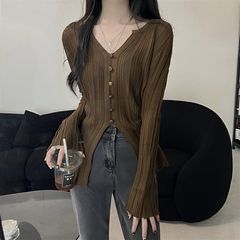 秋季法式别致设计新款领美针织衫秋季开叉长袖打底修身显瘦上衣