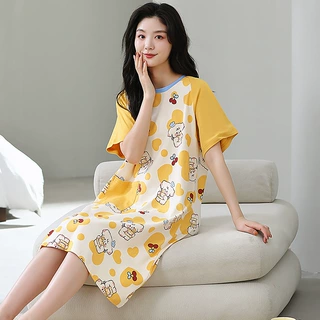卡通可爱睡裙女夏纯棉短袖中长款休闲简约宽松舒适可外穿连衣裙