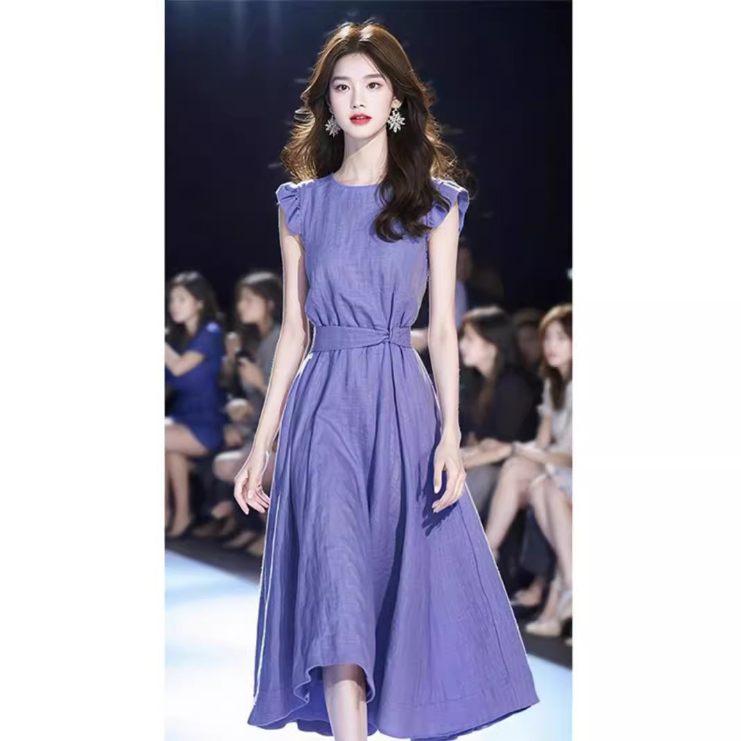 Đầm chữ A thắt eo dáng suông midi phong cách Pháp mùa hè — Màu tím