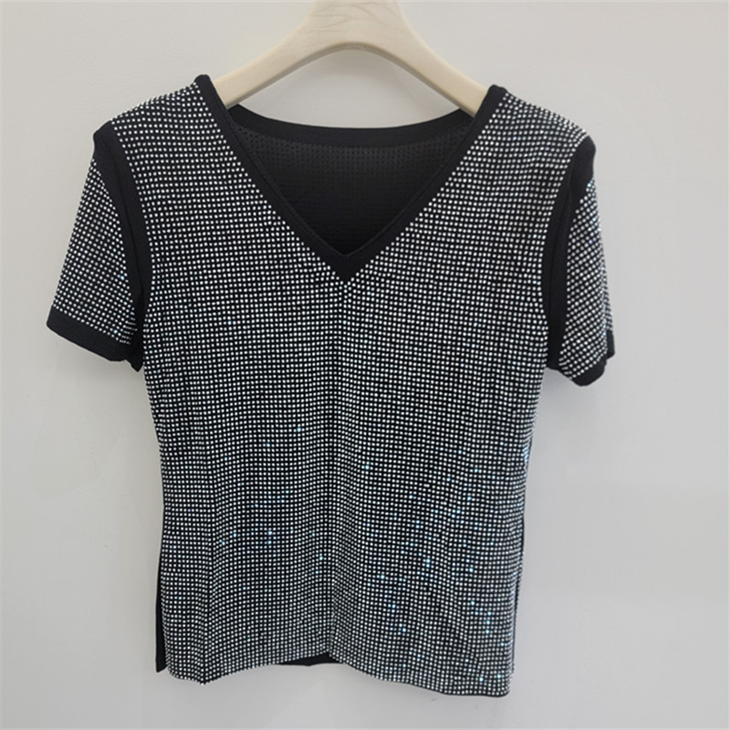 V-collar caliente taladro camiseta de manga corta para mujeres 2026 verano nuevo temperamento elegante delgado brillante chaqueta