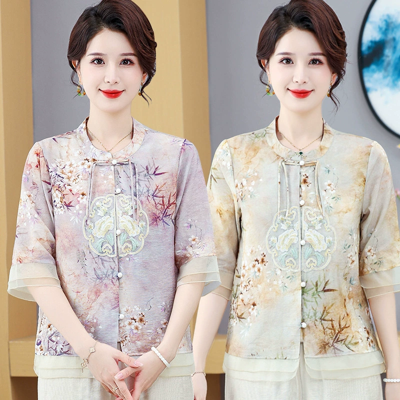 Новая модная рубашка для мамы среднего возраста в китайском стиле, рубашка среднего возраста, закрывающая живот, молодая футболка со средним рукавом в китайском стиле, летний топ.