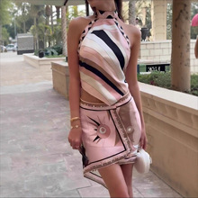 独立站跨境新款性感缎面挂脖露背上衣不规则半裙短裤套装NTZ6026