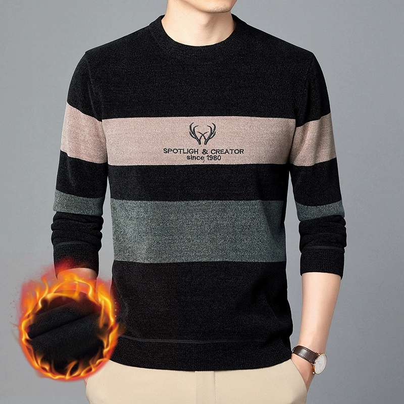 Мужской свитер из синели на флисовой подкладке, вязаная Базовая рубашка среднего возраста с вышивкой и круглым вырезом, зимняя цельная ФЛИСОВАЯ ФУТБОЛКА для папы