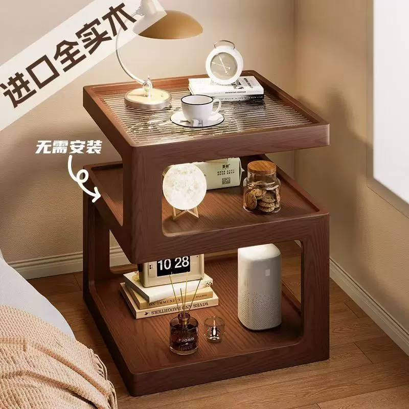 实木床头柜带灯创意床边柜原木风收纳储物柜卧室床头置物架小方桌