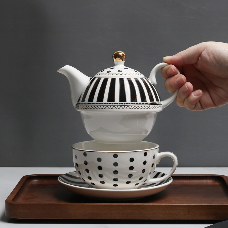 European-style Simple Pattern Cup Stacked Pot British One-person Afternoon English Coffee Cup Saucer Pot Set Bone Ceramic