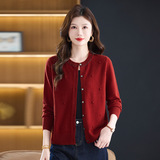 秋季新款开衫红色圆领上衣100%羊毛针织衫宽松妈妈羊毛衫春秋毛衣，女装针织衫/毛衣，妃慕昵服饰