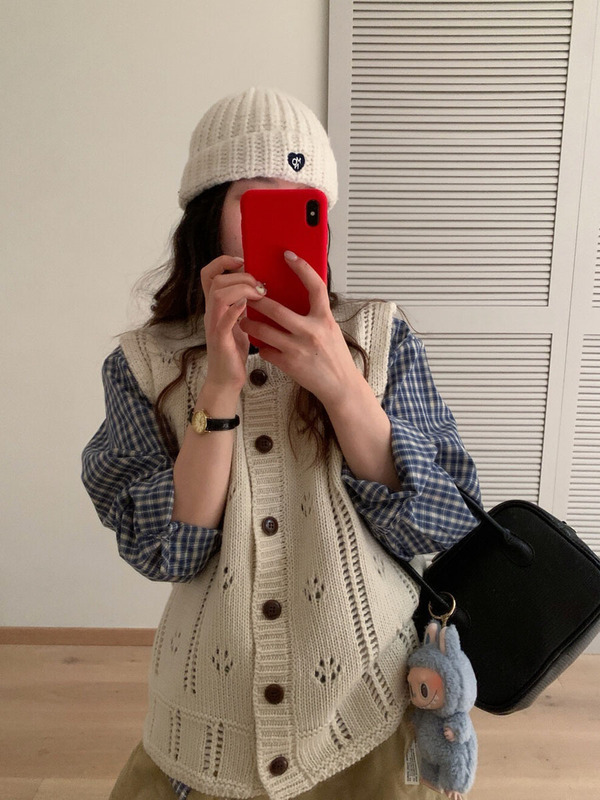 木四 纯色羊毛镂空马甲开衫女韩版早秋叠穿针织毛衣背心上衣M6498|undefined