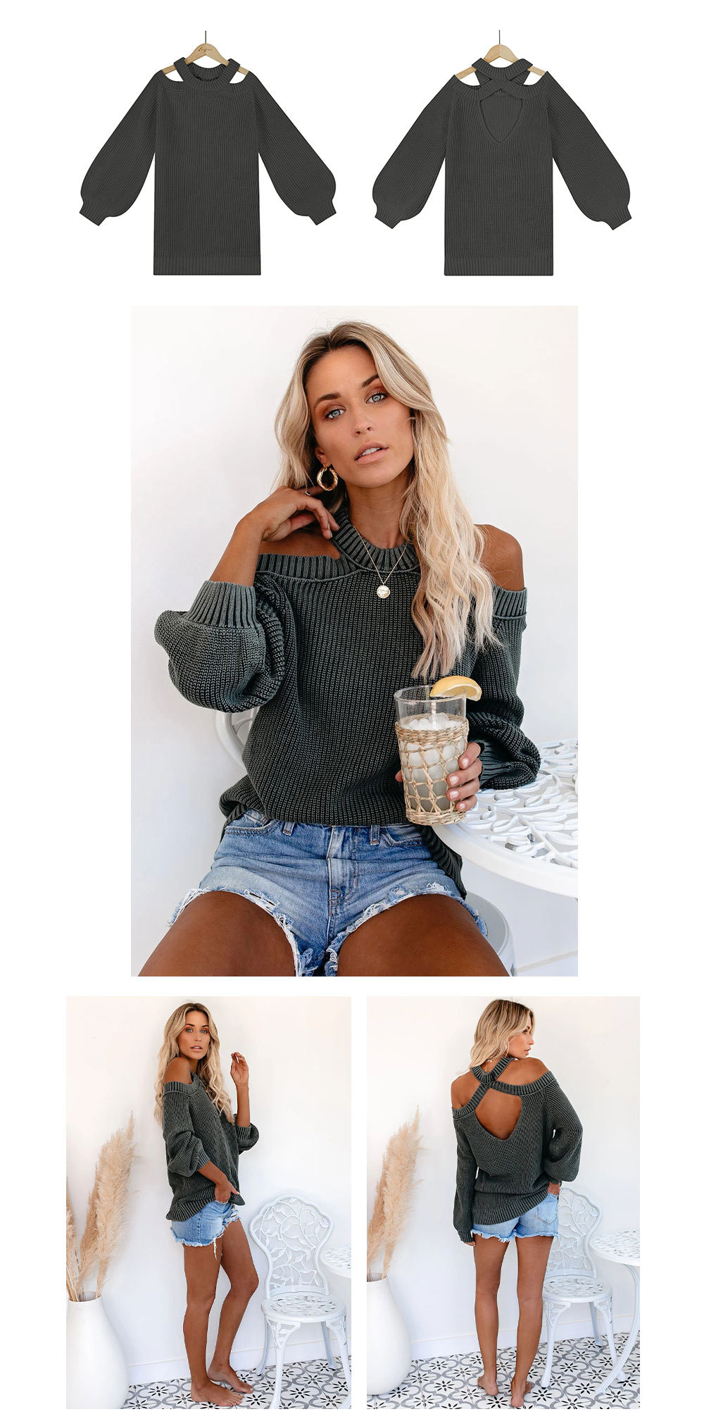solid color long-sleeved off-the-shoulder commuter OL knitted sweater NSWJY118383