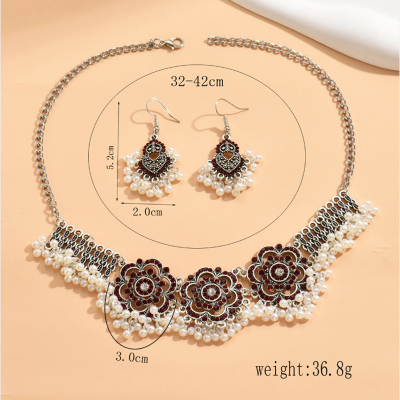 Estilo bohemio simple metal vintage rhinestone rosa perla de dos piezas collar pendientes combinación traje Mujer