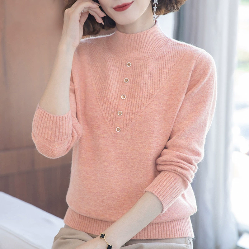 Повседневный подходящий ко всему свитер, женская нижняя рубашка 2023, осенне-зимняя водолазка с коротким воротом, свободный Однотонный свитер в западном стиле, одежда для мамы
