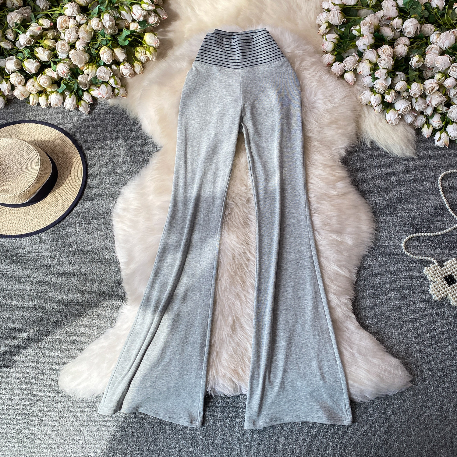 Korean Style High-Waisted Striped Flared Pants Women's Slimming Elongating Summer Bottoms Simple Stylish Polyester Capris_ecoleips.com