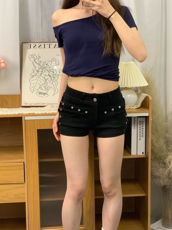 辣妹黑色y2k美式铆钉设计低腰牛仔短裤超短裤夏季显瘦a字新款热裤|undefined