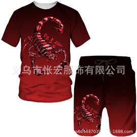 时尚新蝎子3D印花T恤短裤套装男士运动服短袖T恤裤子套装厂家直销