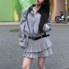 美式复古辣妹套装翻领短外套宽松夹克双层百褶裙高腰半身裙两件套