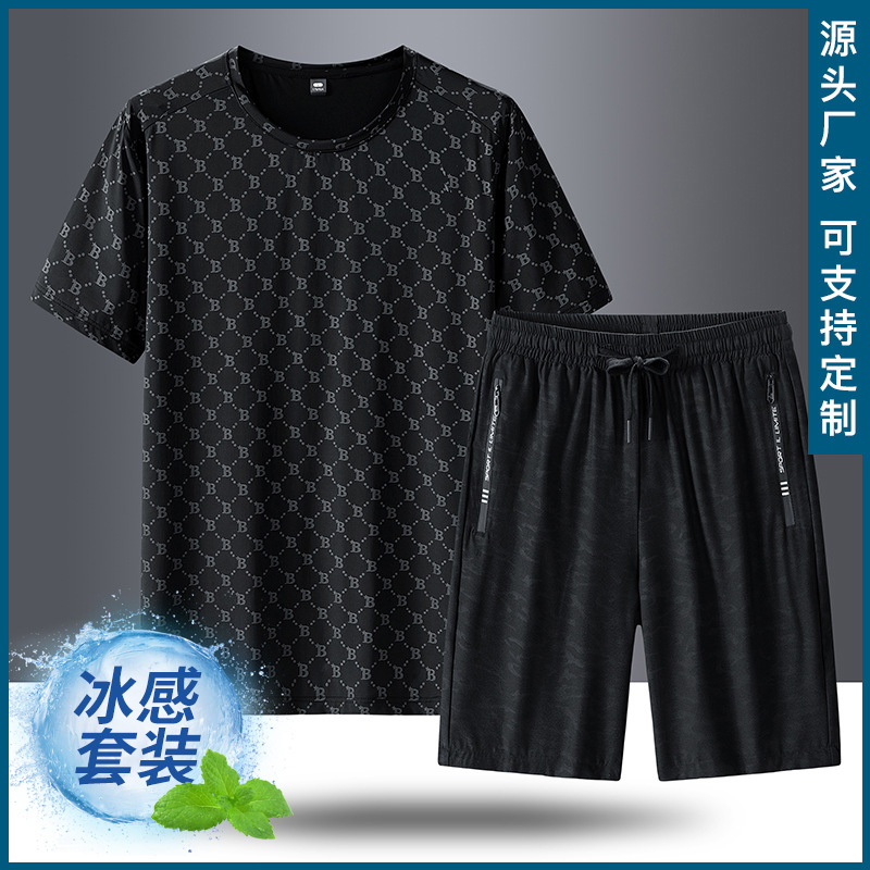 Casual de verano traje deportivo hombre hielo rápido secado mangas cortas camiseta pantalones cortos dos piezas juego de pantalones cortos deportivos fábrica al por mayor