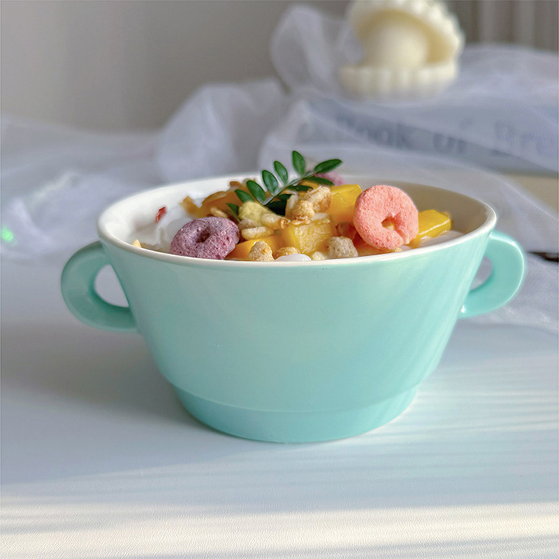 [beautiful Tiffany Blue Double-eared Bowl] ins Ceramic Restaurant Dessert Bowl Steamed Egg Bowl Yogurt Bowl Porridge Bowl Wholesale
