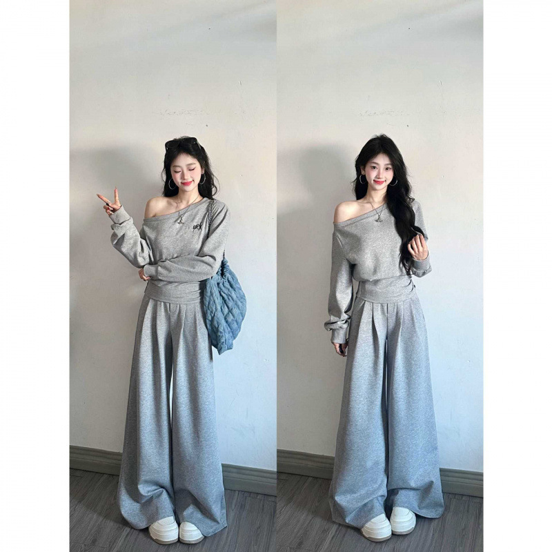 时尚韩系设计感露肩卫衣阔腿卫裤两件套运动风穿搭时尚减龄一整套|undefined
