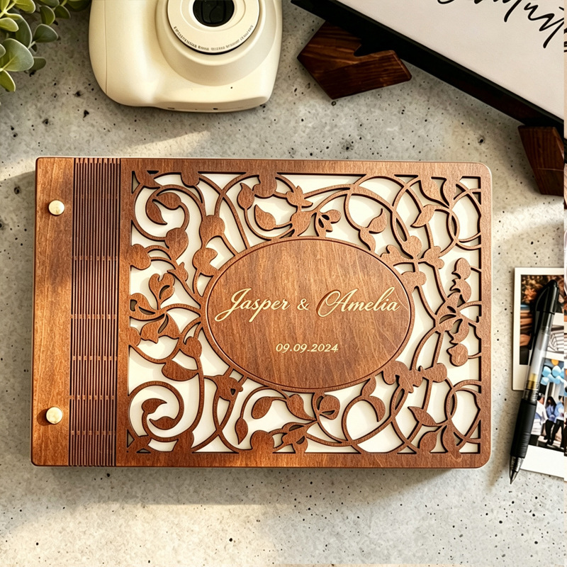 Cross-border best-selling wooden wedding guest book, hollowed-out guest message book, custom vintage rustic-style reception book Cross-border best-selling wooden wedding guest book, hollowed-out guest message book, custom vintage rustic-style reception book