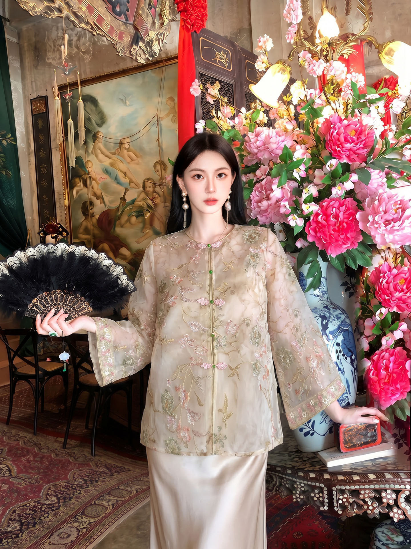 Áo khoác nữ thêu hoa tay phối ngọc trai cổ đứng tay lỡ phong cách Tân Trung Hoa — màu mơ