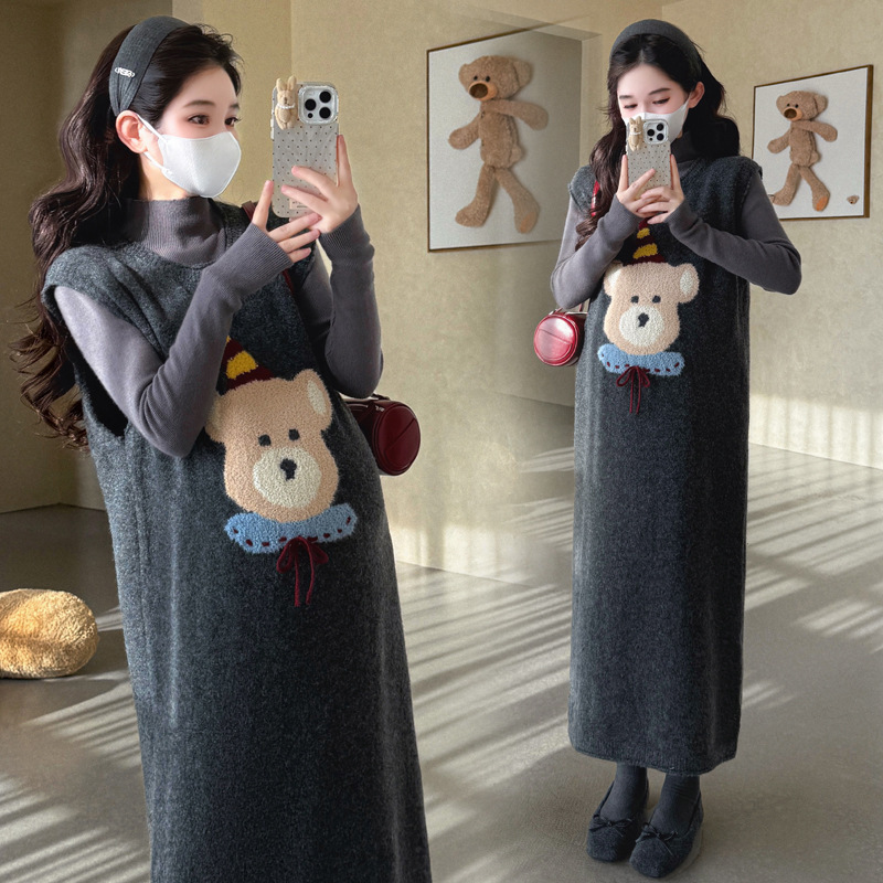 孕妇秋装套装2025新款时尚连衣裙秋冬季毛衣背心裙打底上衣两件套|undefined