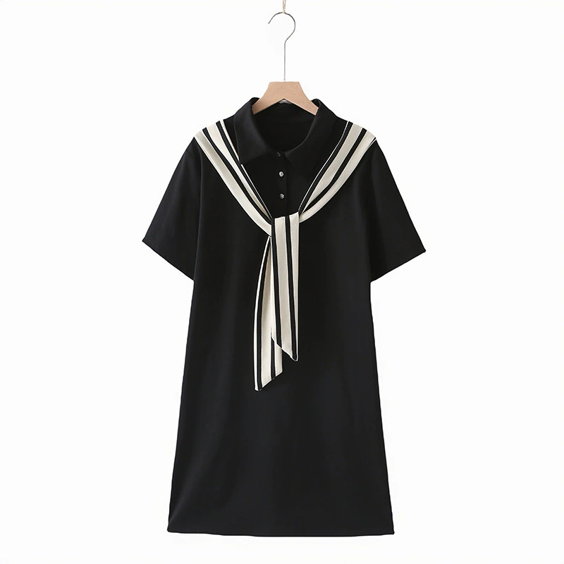 Женское платье больших размеров, черное платье в корейском стиле, уменьшающее возраст, классический воротник ПОЛО, легкий роскошный дизайн, универсальное платье средней длины 2420.