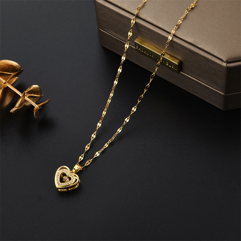 coffee bean chain Chain Type 1 Piece Quantity Holiday, Daily, Selfie Occasion 304 Stainless Steel Material PVD Coated Real Gold Plated Heart Shape Stainless Steel Lady Waterproof Non Tarnish Titanium Steel Pendant Necklace