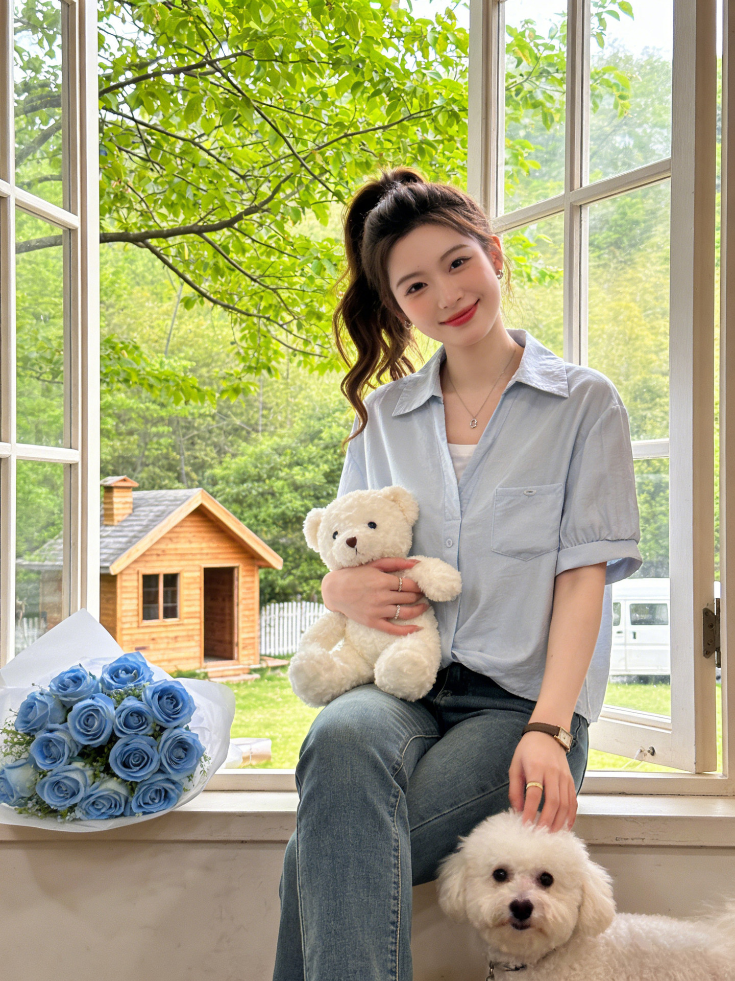 Áo sơ mi nữ tay ngắn giả hai lớp màu xanh lam thiết kế trẻ trung — xanh lam chi tiết 1