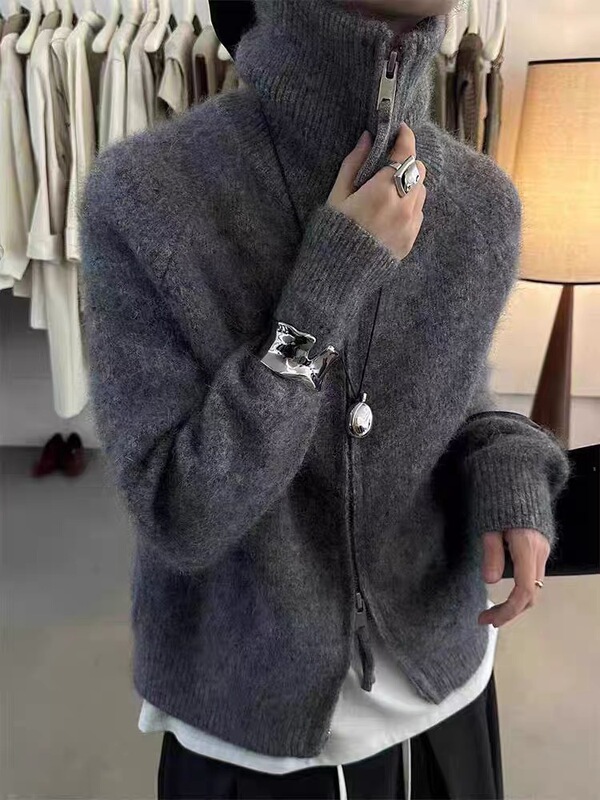 Autumn and Winter Sweater Jacket Loose Turtleneck Knitwear Cashmere Pure Wool Cardigan Women's Korean Style Double Zipper Slimming Look Thick