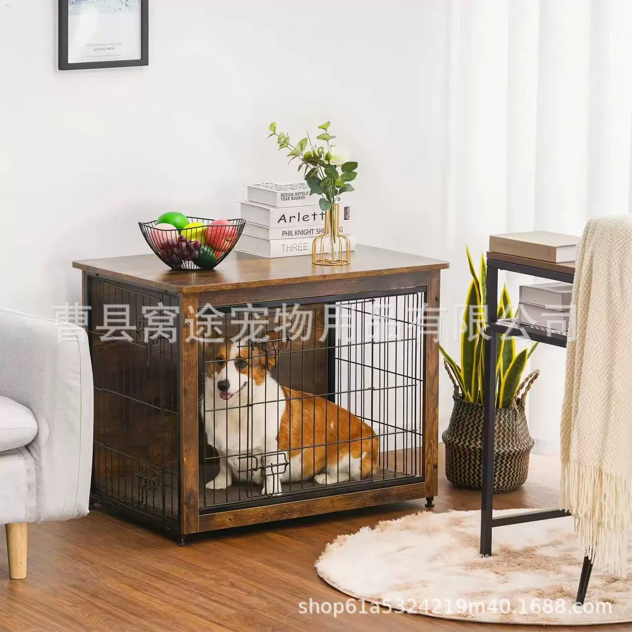 Деревянная клетка для собак, комбинация железа и дерева с двойными дверями, мебель для средних и крупных собак, домашняя будка, встроенная клетка для собак
