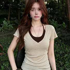 假两件韩系穿搭假两件V领短袖时尚畅销跨境闪电仓超市
