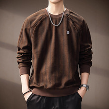高端美式复古潮牌圆领卫衣男秋季新款肌理感重磅拼接宽松长袖T恤
