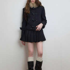 羊毛混纺可拆卸毛领毛呢外套女秋冬加厚百褶摆呢子大衣