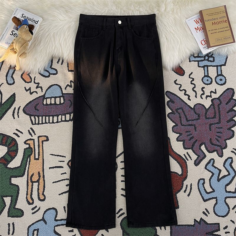 Men's High Street Cleanfit Vintage Washed Denim Jeans - Relaxed Fit Straight Leg Trousers For Casual Wear​_mkmklike.com